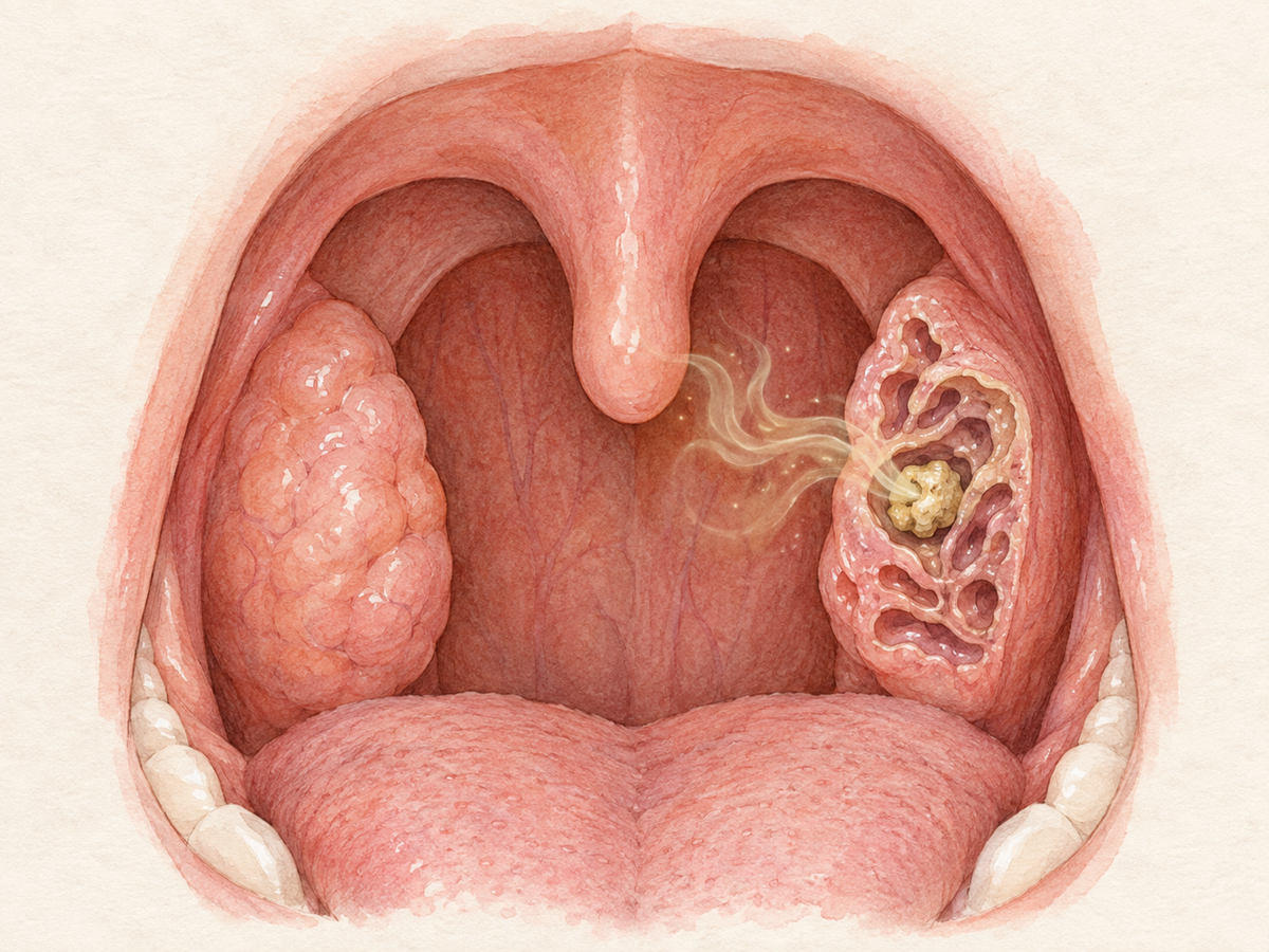 A cutaway view of a palatine tonsil shows a small pale tonsil stone lodged inside a crypt, surrounded by healthy pink tissue, with faint wisps suggesting odor-causing sulfur compounds released by trapped bacteria.