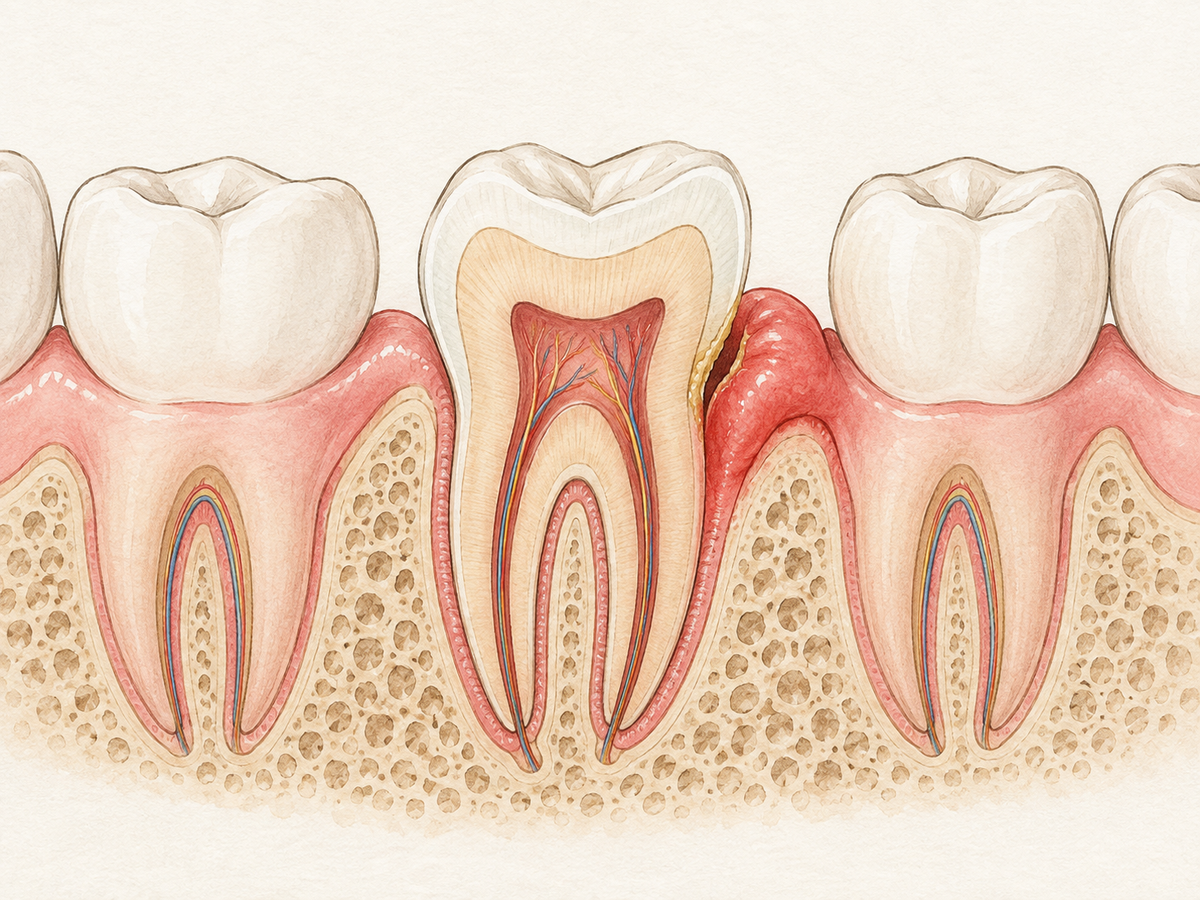 Cross-section of a tooth with swollen gum tissue on one side, a shallow periodontal pocket, and plaque along the gumline, while adjacent teeth and gums appear healthy. It shows localized gum swelling around one tooth.
