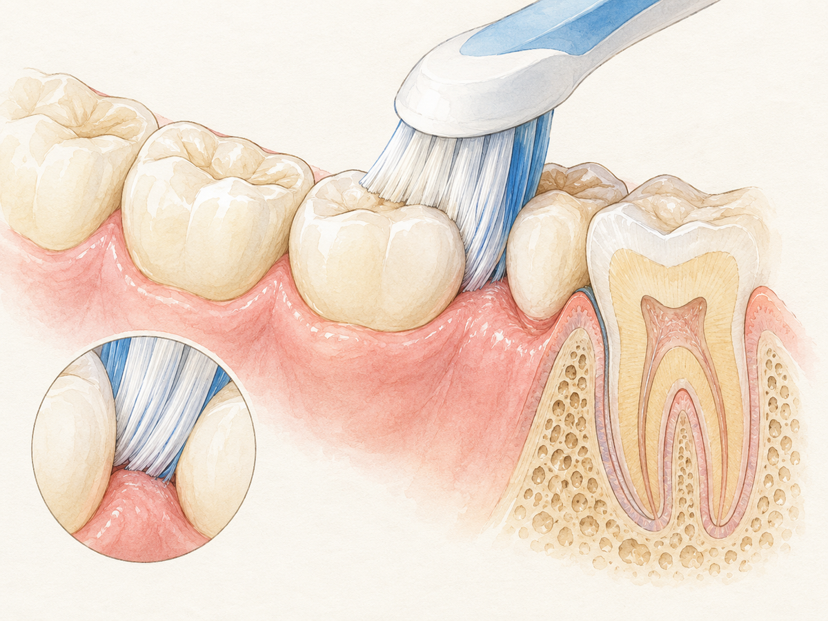 A soft-bristled toothbrush head rests gently along the gumline of back molar teeth, with tapered bristle tips bending against healthy pink gums and ivory enamel, illustrating how brush fit and light pressure clean the gum margin and posterior teeth.