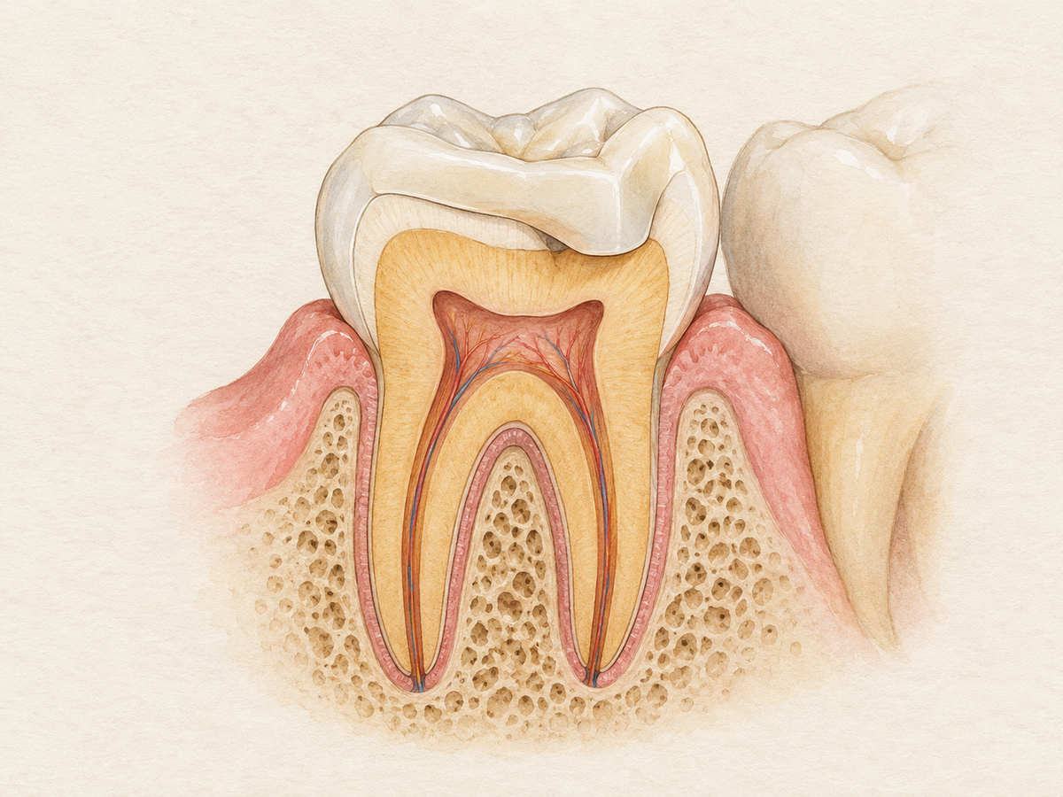 Cross-section of a back molar with a custom onlay bonded over the chewing surface and one cusp, revealing preserved enamel, dentin, pulp, and surrounding gum tissue to explain how this partial restoration repairs a damaged tooth.